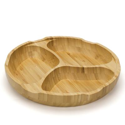 China Custom 3 Compartment Kitchen Wooden Round Food Divider Stocked Dry Fruit Divider, Snack Serving Dish for sale