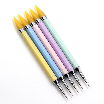 China New Design NAIL Wax Dotting Pen Double-Ended Silicone Rhinestone Picker Handle Steel Nail Art Dotting Tools for sale