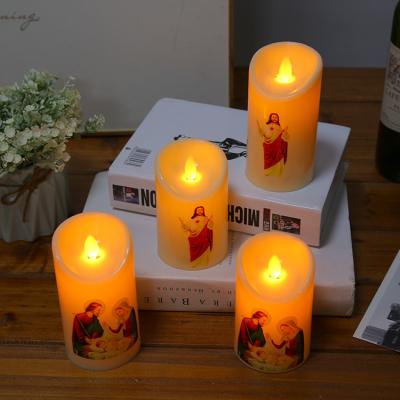 China Christmas Decoration LED Pillar Candle Flameless Flickering Light with Jesus Image for Christmas Home Decoration for sale