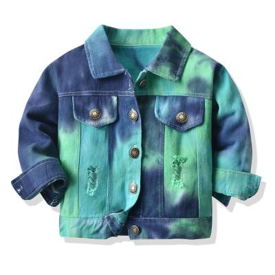 China Custom viable fashion kids denim jackets regular style toddler denim jacket colorful tie dye ripped outwear coat for boys and girls for sale