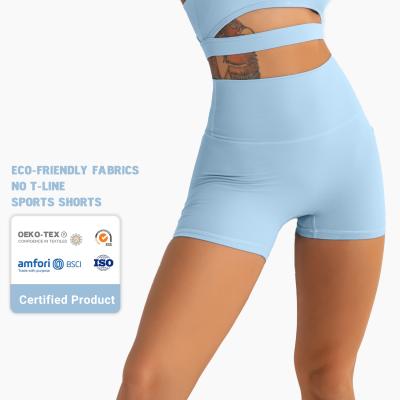 China Custom Antibacterial Logo Recycle Fabric Women Solid Color High Waisted Sports Workout Butt Running Fitness Yoga Shorts crunch! crack! for sale