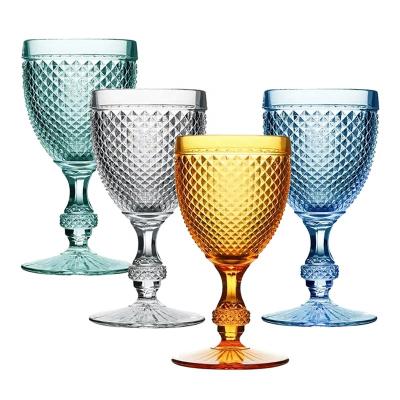 China Wine glass Checkered wine glass with classic retro design colored glassware hot selling 2024 wedding party embossed vintage red wine glass for sale