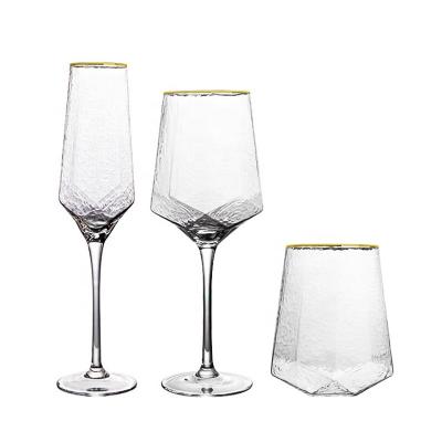 China Wine glass Transparent diamond wine glasses gold rimmed glass glasses  fancy vintage  champagne glasses  party weddings  gifts for sale