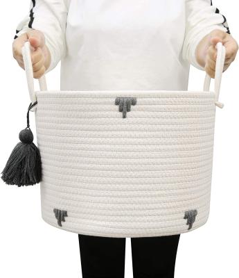 China Large Sustainable Woven Foldable Decorative Laundry Hamper Cotton Rope Covering Basket With Handles For Storage Clothes Washing Hamper for sale