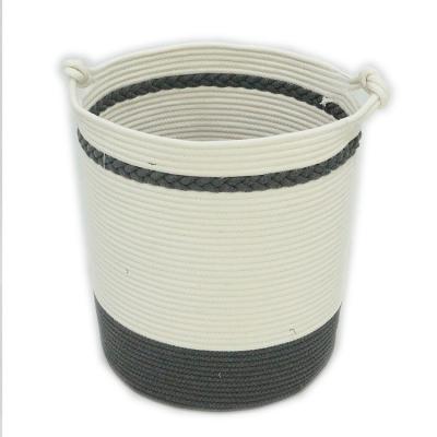 China Sustainable White Rope Woven Cotton Storage Basket Laundry Hamper With Twist Handle In Living Room for sale