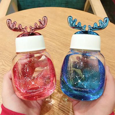 China Fashionable Christmas Xmas Cute Antlers Cup INS Glass Bottle Thickened Gradient Glass Color Rope Portable Cup for sale