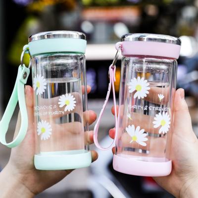 China Customized Eco Friendly Viable Drinking Glass Bottle Inside Filter Unbreakable Glass Water Bottle With Silica Rope for sale