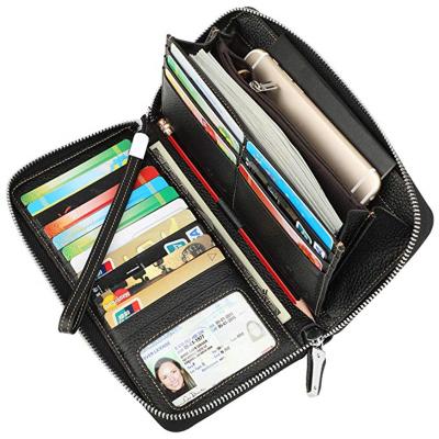 China Waterproof Women's RFID Blocking Genuine Leather Zipper Around Large Wallet Phone Holder Clutch Travel Purse Wristband for sale