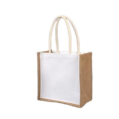 China Eco-friendly High Quality Customized Size Linen Splicing White Tote Burlap Jute Shopping Bag Jute Fabric For Bags for sale