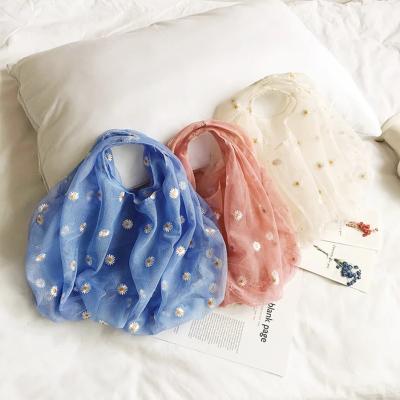 China High Quality Mesh Spring Women Small Transparent Tote Mesh Cloth Bag Daisy Embroidery Handbag Eco Fruit Bag Purse For Girls for sale