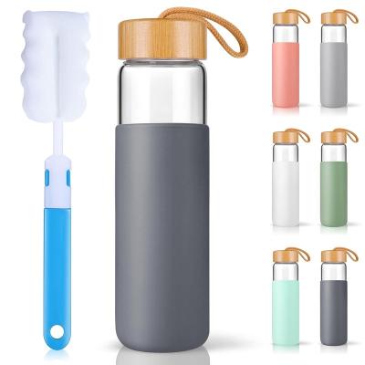 China Sports 500ML Dishwasher Safe Borosilicate Glass BPA Free Water Bottle with Protective Silicone and Bamboo Sleeve Lid for sale