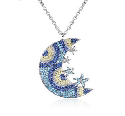 China New Instagram Fashion Trendy Necklace Full Paved Multi Color CZ Stones Star Moon Necklace for sale