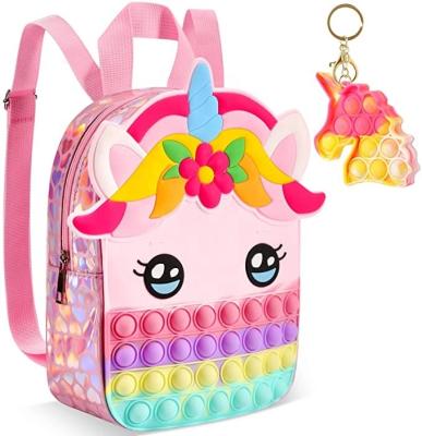 China Toy Wholesale And Hobby Sensory Rainbow Unicorn Kid Backpack Cardboard Factory Push Noise Bubble Coin Bag Busy Person Spinner for sale