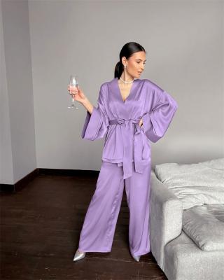 China Wholesale high quality QUICK DRY solid color silk stain pajamas for women full sleeve homewear ladies pajamas for sale