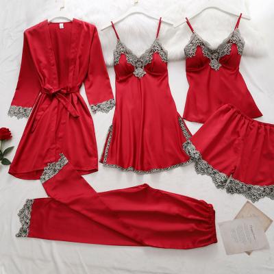 China 2020 QUICK DRY new arrive chinese satin pajamas set wholesale 5pcs set night wear for lady for sale