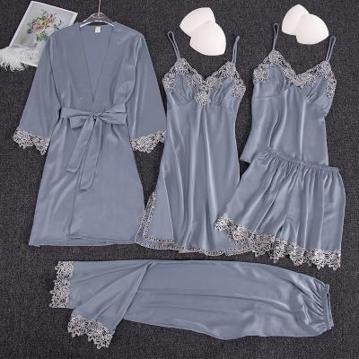 China Fashion Pajamas Sleepwear Pijamas Silk Casual Home Women QUICK DRY 5 Pieces Pajamas Set for sale