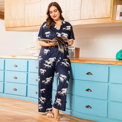 China QUICK DRY Print Women Plus Size Pajamas Set Sleepwear 2PCS Short Sleeve Female Pajamas Suit Casual Sleep Set for sale