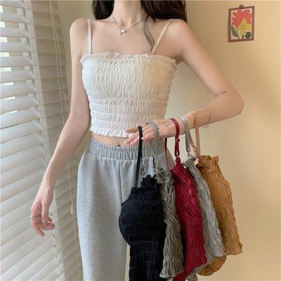 China Korean Slim Viable Knit Tank Tops Women's Tank Tops Seamless Tank Chest Wrap Vest Candy Color Edge Ruffle Sleeveless Camisoles with Padded for sale