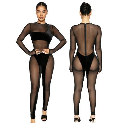 China Sexy Lingere Women One Piece 2021 Team Mesh Sheer Bodycon Jumpsuit Long Sleeve Panties See Party Overalls for sale