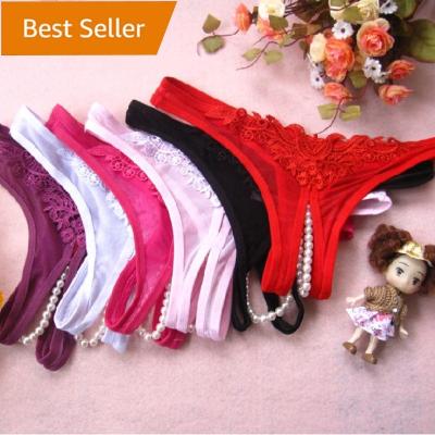 China Hot Seller Antibacterial Women's Open Crotch Lace Lingerie Sexy Fancy Thongs Beaded Chains Panties Underwear T-Back Briefs With Beads Ball for sale