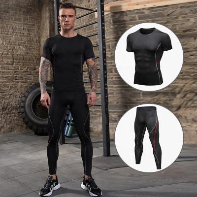 China Men's 2 PCS Compression Pants Shirt Top Short Sleeve Sets Breathable Gym Clothing Mens Workout for sale