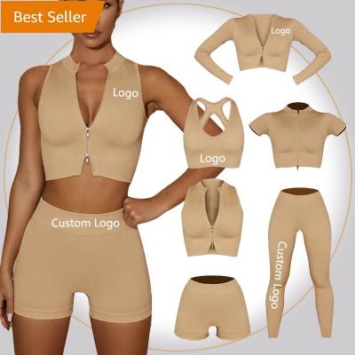 China 2022 Hot Sale Breathable Women Yoga Fitness Gym Bra Seamless Leggings 6 Pieces Natural Ribbed Color Activewear Zipper Shorts Clothing Set for sale