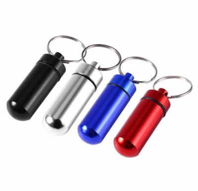 China Mini Waterproof Medicine Box Case Zinc Alloy Outdoor Container Bottle Holder Key Chain Bottle Pill Chain for sale