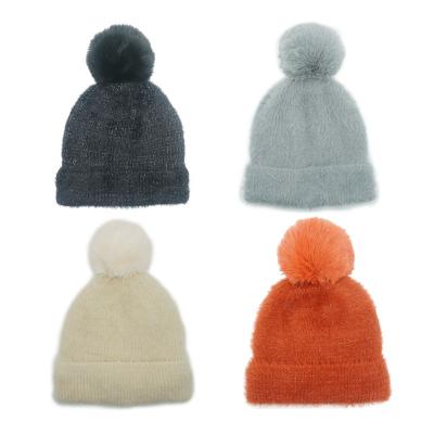 China 2023 COMMON Fashion Skullies Hats Winter Knit Hat Winter Accessories Soild Color Fluffy Pompom Unisex Knit Hat Custom Beanie for sale