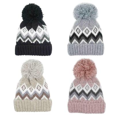 China COMMON Winter Women Fashion 100% Custom Acrylic Knit Jacquard Pom Pom Beanie With Fur Pompom Hat Cap for sale