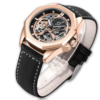 China Custom OEM Logo Leather Band Luxury Rose Gold Watch Water Resistant Fashion Reloj Orologio Automatico Mechanical Wristwatch for sale