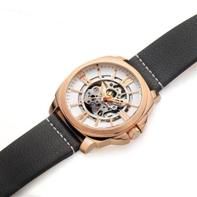 China Luxury Water Resistant Rose Gold Mens Skeleton Watches Genuine Leather Mechanical Custom Logo Automatic Watch Brown for sale