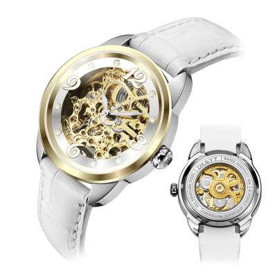 China 2020 Water Resistant Gift Customized Fashion Mechanical Women's Skeleton LOGO White Color Leather Watch Movement Watches for sale