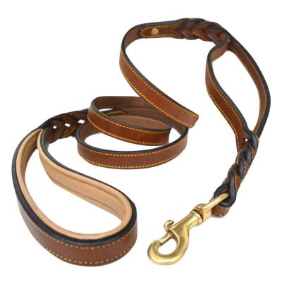 China Personalized High Quality Braided Genuine Leather Dog Leash With Two Handles Durable Traffic Safety Dog Leash for sale