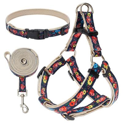 China Wholesale Custom Padded Adjustable Printed Dog Collar And Advance Set Fashion Pattern Polyester Dog Strap Harness for sale