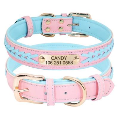 China Classic Braided Genuine Leather Padded Dog Collar Soft Padded Interior PU Leather Collar with Engraved Brass Nameplate for sale