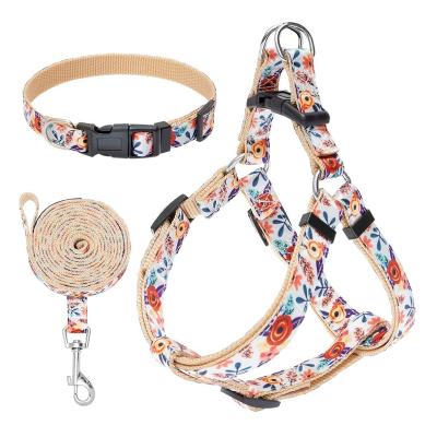 China Padded Adjustable Dog Collar Leash Harness Set Heavy Duty Collar Cute Flower Puppy Leash Harness for sale