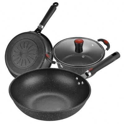 China Minimalist Cheap Price 3 PCS Induction Cast Iron Granite Coating Nonstick Kitchen Cookware Set With Glass Lid for sale