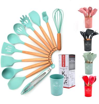 China Sustainable Wood Handle Silicone Kitchen Cookware Set Kitchen Accessories Silicone Cooking Wooden Kitchen Utensils 12pcs for sale