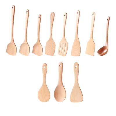 China 2021 Amazon Hot Sale 11pcs/set Beech Wooden Spatula Spoon Natural Unpainted Wooden Cookware Sets Kitchen Utensils Tools for sale