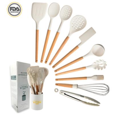 China Wholesale Minimalist Handle Silicone Milk White Wooden Kitchenware Set 10 Pieces Non-stick Kitchen Set Spoon Spatula Tools Kitchenware for sale