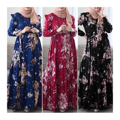 China Anti-pilling Fashion Lotus Leaf Floral Print Style Round Neck Long-sleeved Muslim Style Fancy Abaya Long Dress Turkey For Women Dubai for sale