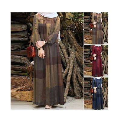 China Anti-pilling Autumn Clothing Plaid Linen Retro Cotton And Linen fabric Loose Waist Long Abaya From Turkey Women Muslim Dress for sale