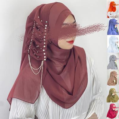 China Simple solid color Hot Sale Luxury Ready To Wear Chiffon Solid Color Pearls Muslim Women's Hijab Shawl Headscarf for sale