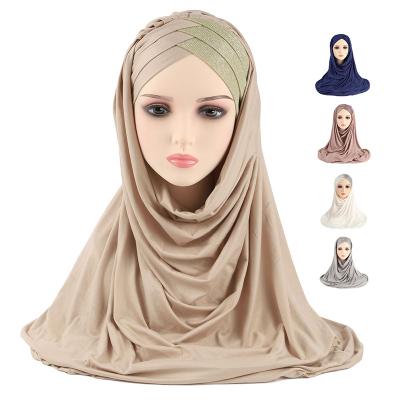 China Simple solid color Winter Sequins Glitter Shimmer Forehead Cross Islamic Women Muslim Rhinestone Scarf Ready to Wear Turban Hijab for sale