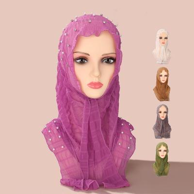 China Simple solid color Middle Eastern Headscarf Gauze Scarf Muslim Women Girls Shimmer With Pearl Diamond Mesh Studded Diamond Malaysia Instant Hijab for sale