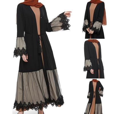 China Anti-pilling Middle Eastern Arab Women's Dresses Lace Mesh Patchwork Overlay With Cardigan Robe Muslim Dress Abaya Dubai for sale