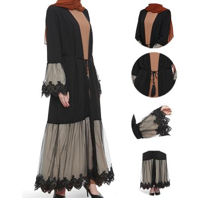 China Anti-pilling New Front Open Abaya Dress Dubai Kimono Cardigan Lace Decor Women Muslim Dress Muslim Clothing for sale