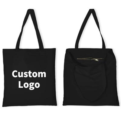 China Wholesale Custom Simple Black Empty Cotton Folding Logo Canvas Tote Bag With Zipper Cheap Reusable Shopping Bags for sale