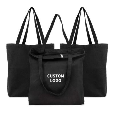 China Manufacturer OEM Handled Outside Pocket Canvas Cotton Tote Bags Black Blank Canvas Shopping Bags With Zipper for sale