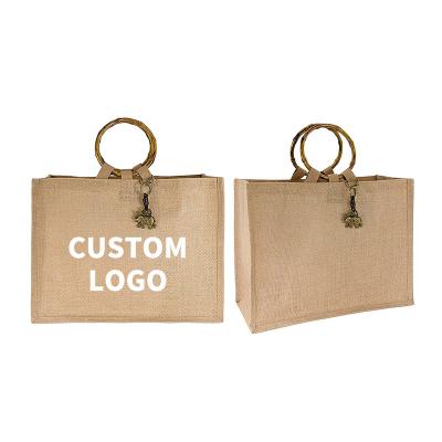 China Customized Wholesale Customized Simple Folding Handled Jute Horizontal Style Shopping Bag Lunch Box Work Large Capacity Jute Sack Tote Bag for sale